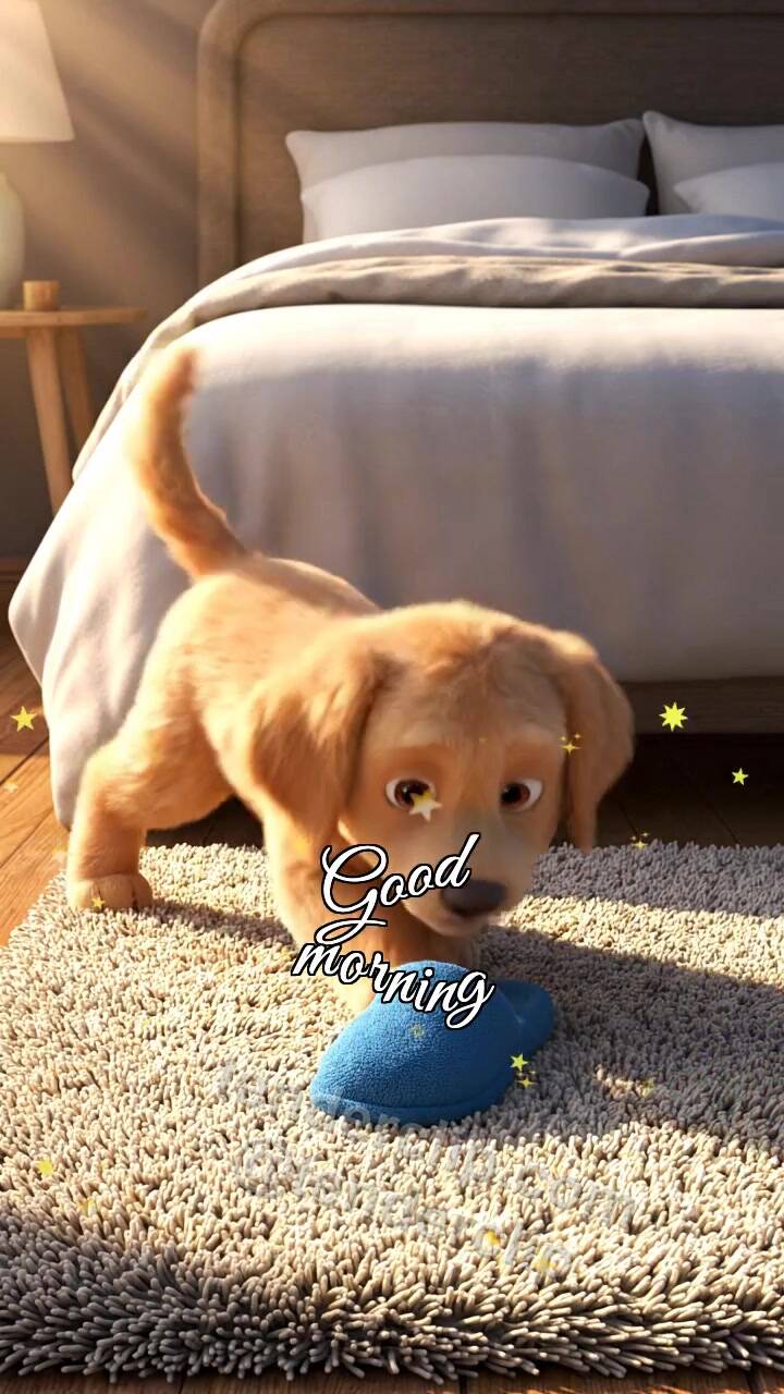 Animated greeting card about Good morning: a puppy brings slippers