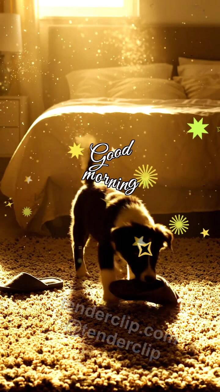 Animated greeting card about Good morning: a puppy brings slippers