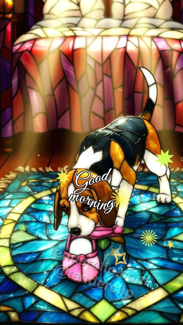 Animated greeting card about Good morning: a puppy brings slippers