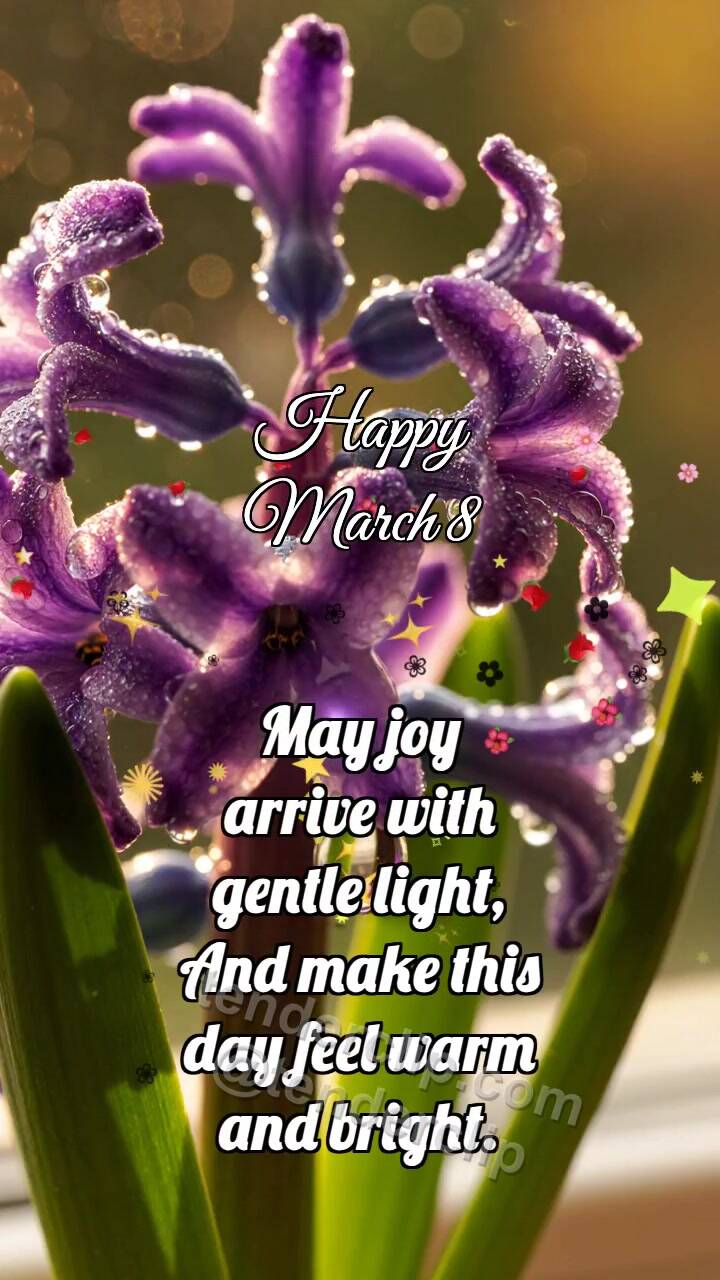 Animated greeting card about Happy March 8: Hyacinth Cluster Wakes Drop