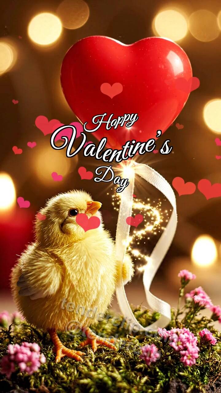 Animated greeting card about Happy Valentine’s Day: Chick With Heart Balloon