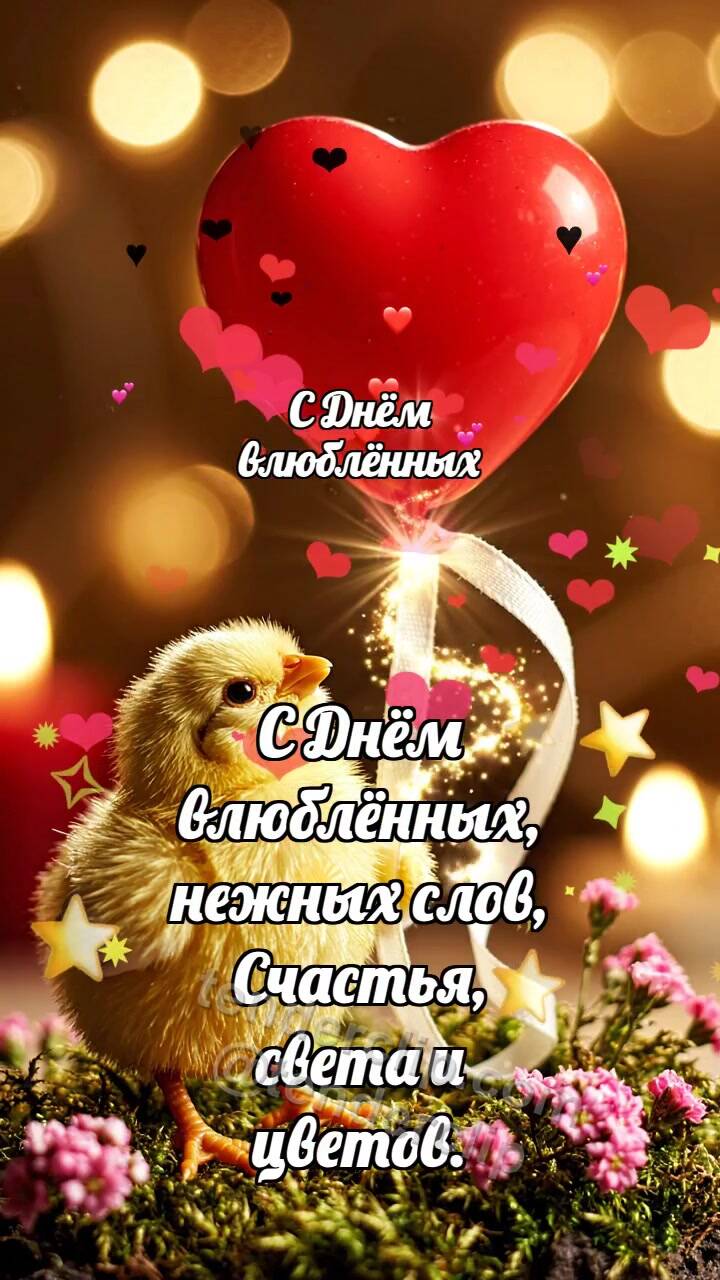 Анимационная открытка на тему С Днём влюблённых: Цыплёнок с сердечным шариком