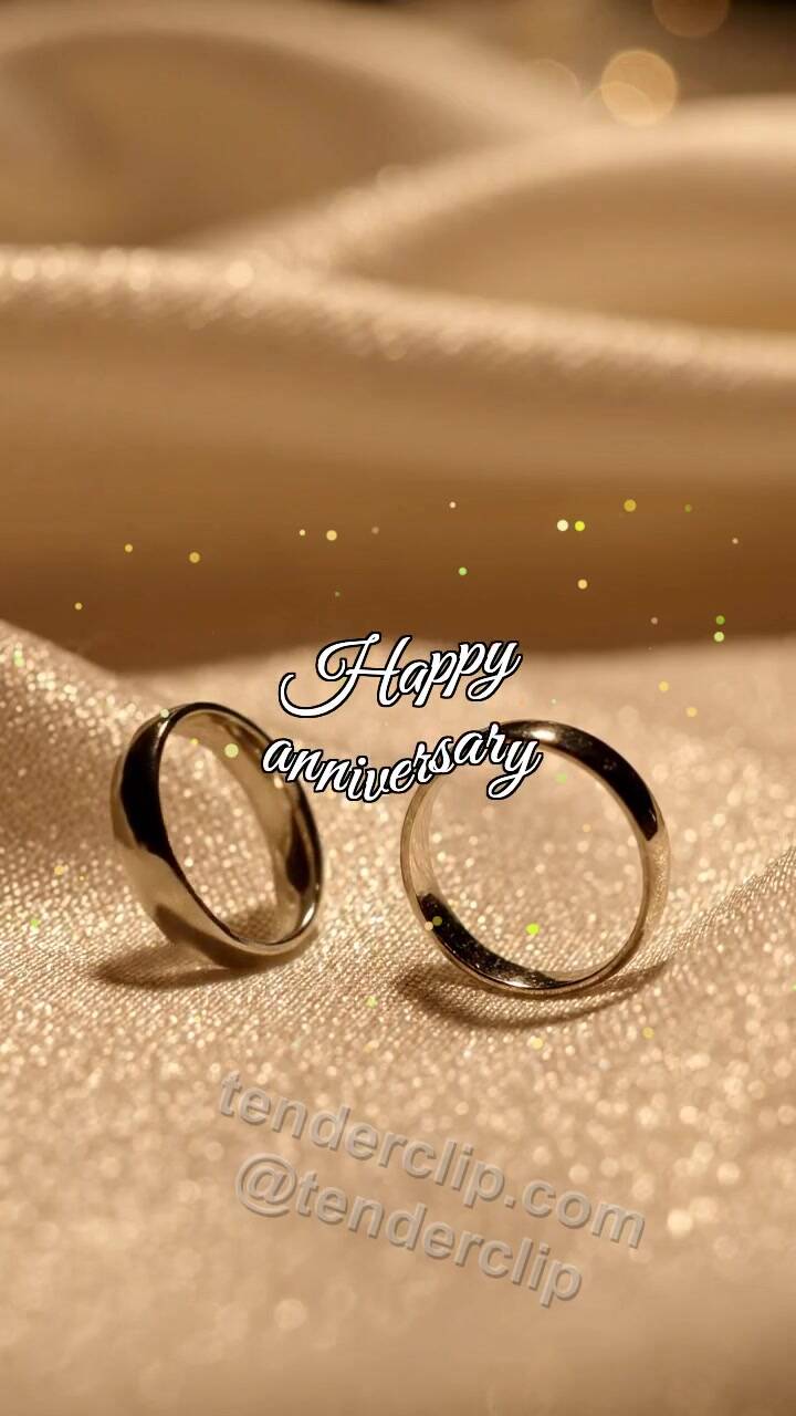 Animated greeting card about Happy anniversary: two rings meet on fabric