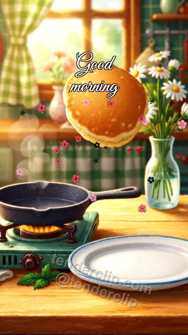 Animated greeting card about Good morning: a pancake jumps onto a plate