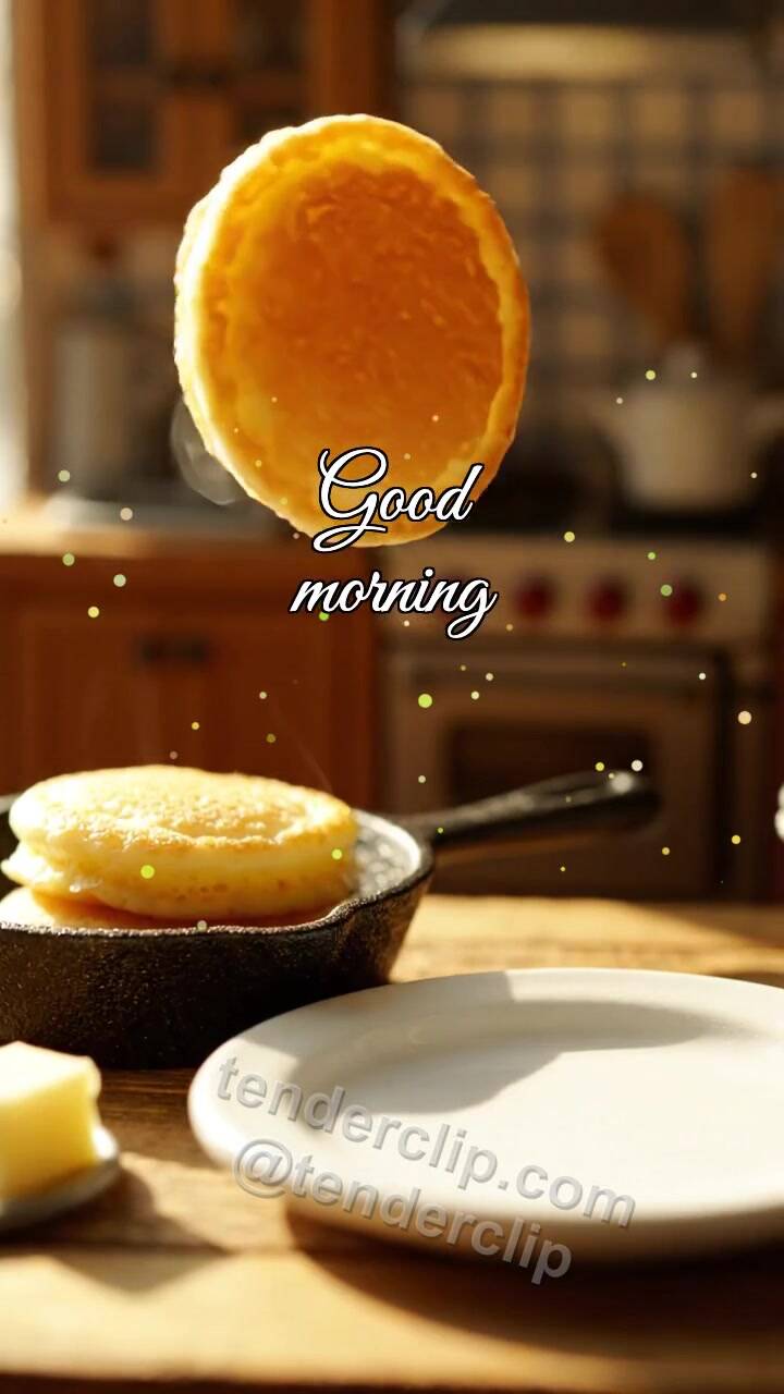 Animated greeting card about Good morning: a pancake jumps onto a plate