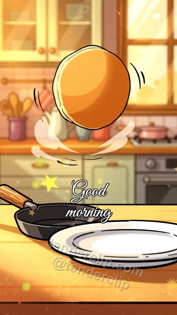 Animated greeting card about Good morning: a pancake jumps onto a plate