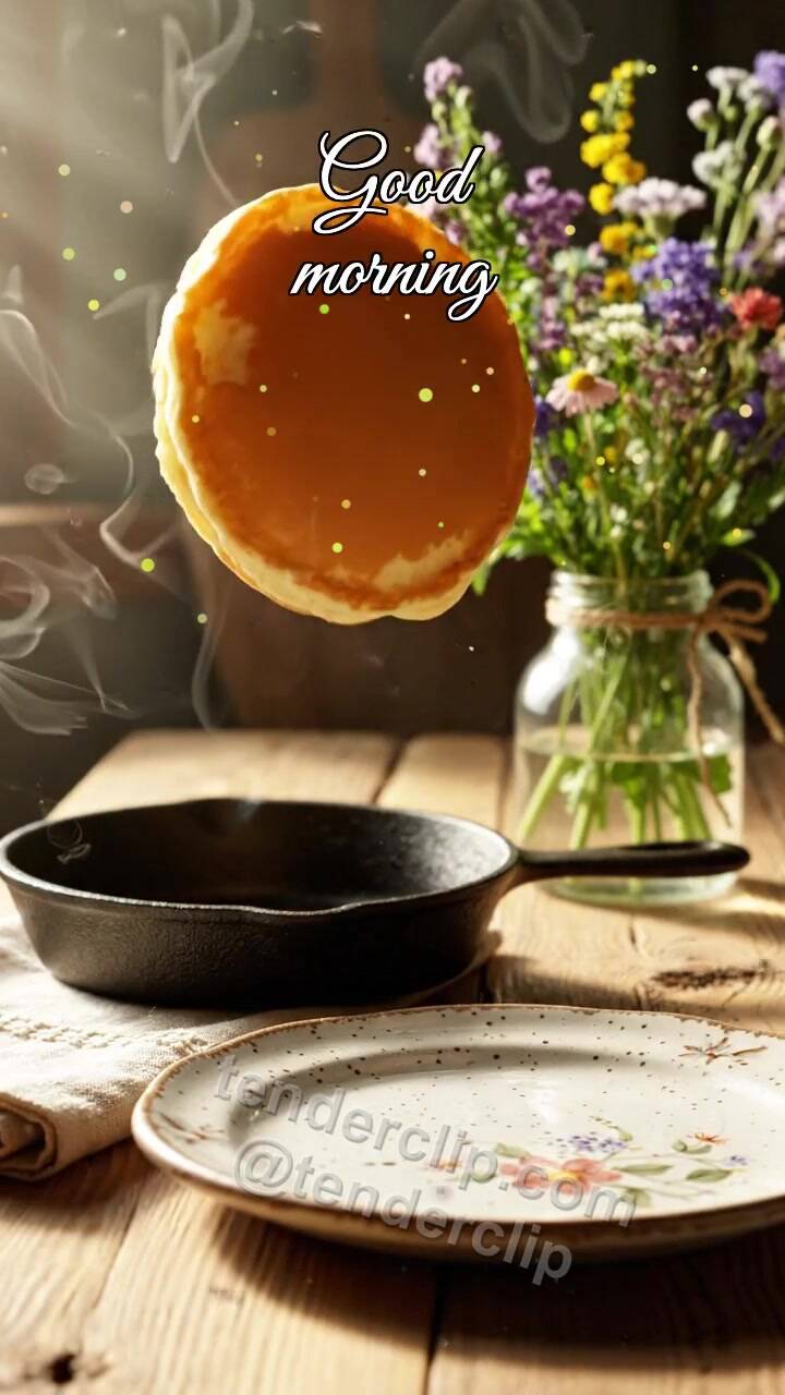Animated greeting card about Good morning: a pancake jumps onto a plate