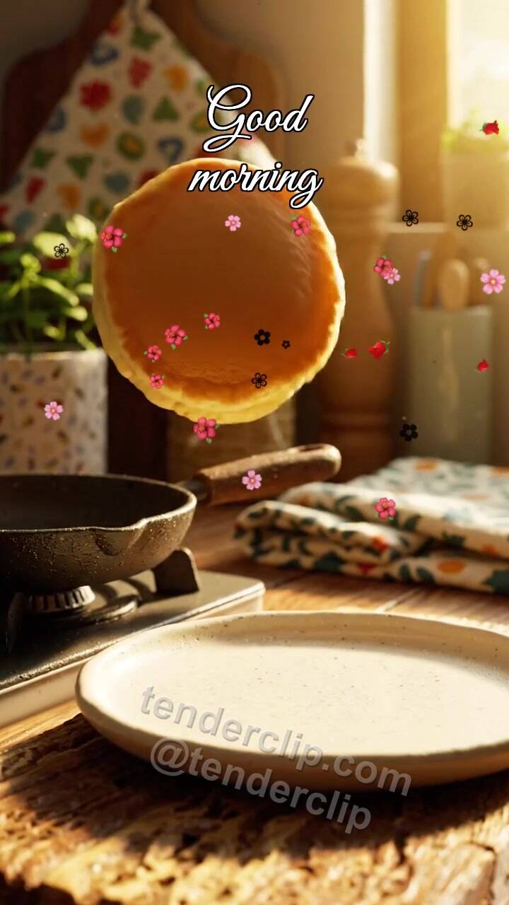 Animated greeting card about Good morning: a pancake jumps onto a plate