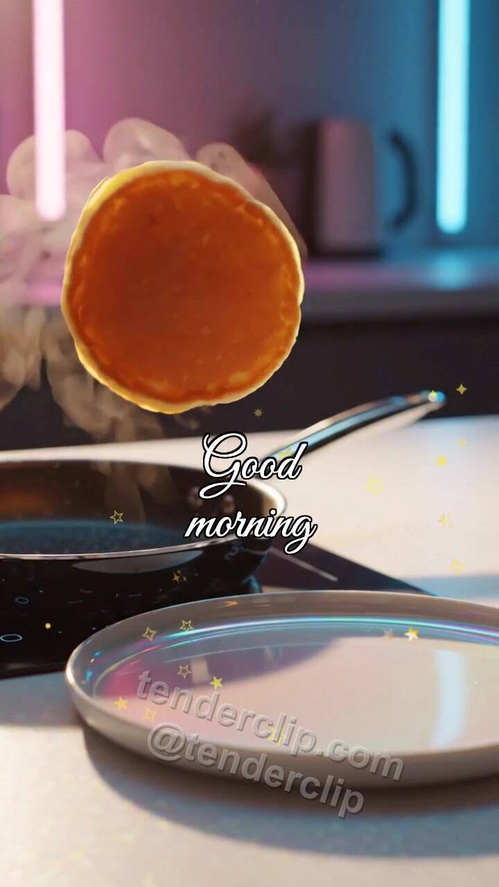Animated greeting card about Good morning: a pancake jumps onto a plate