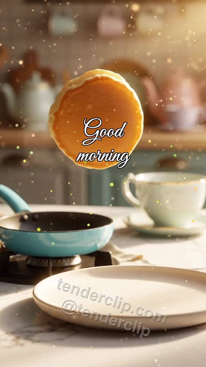Animated greeting card about Good morning: a pancake jumps onto a plate