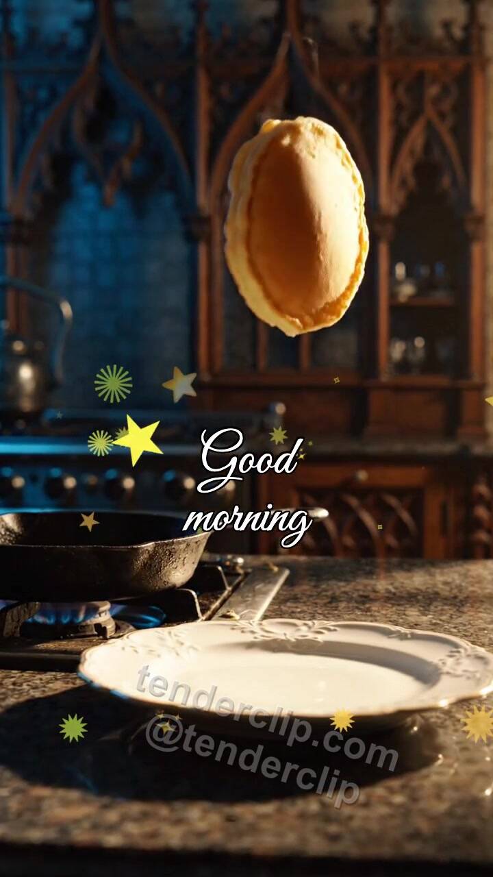 Animated greeting card about Good morning: a pancake jumps onto a plate