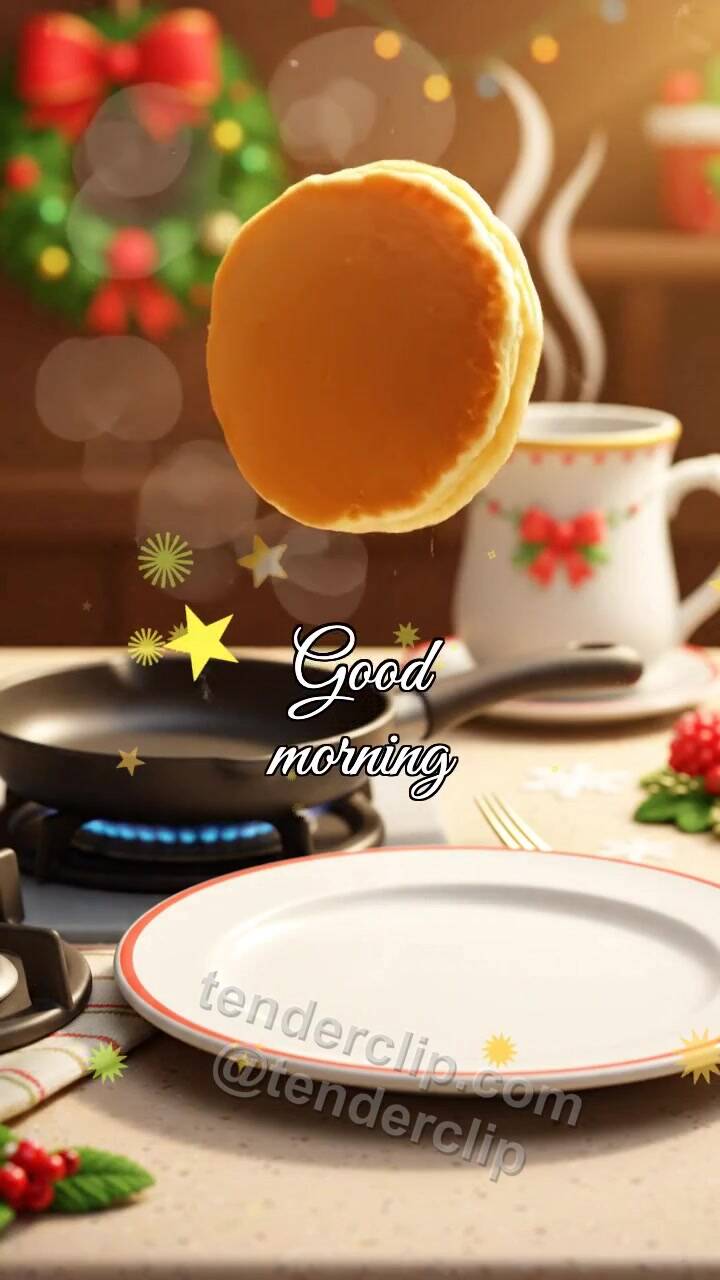 Animated greeting card about Good morning: a pancake jumps onto a plate