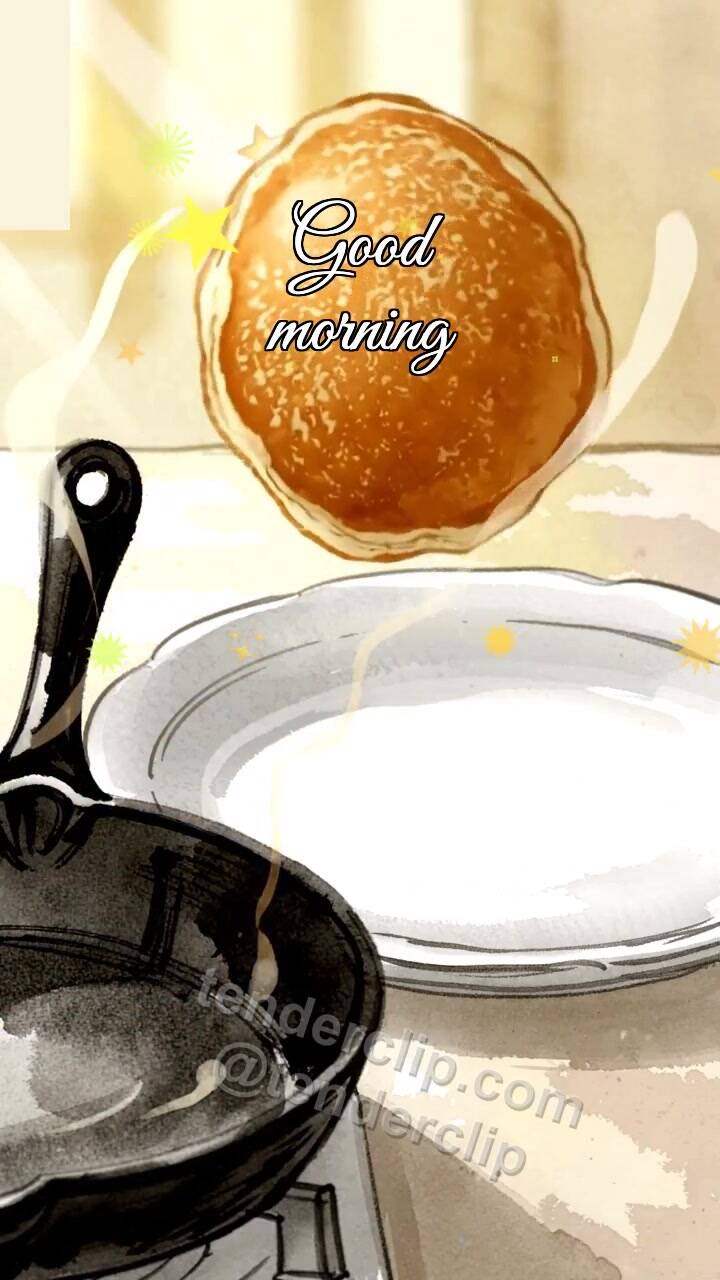Animated greeting card about Good morning: a pancake jumps onto a plate