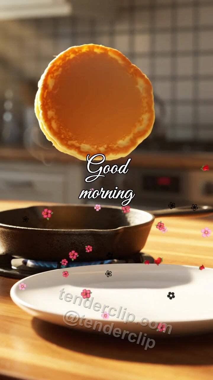 Animated greeting card about Good morning: a pancake jumps onto a plate