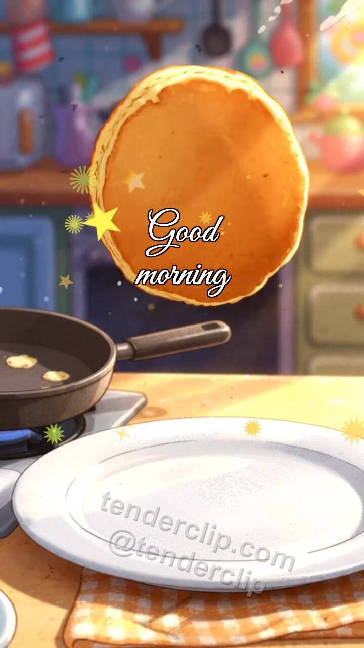 Animated greeting card about Good morning: a pancake jumps onto a plate