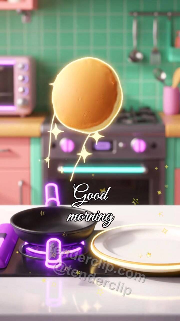 Animated greeting card about Good morning: a pancake jumps onto a plate