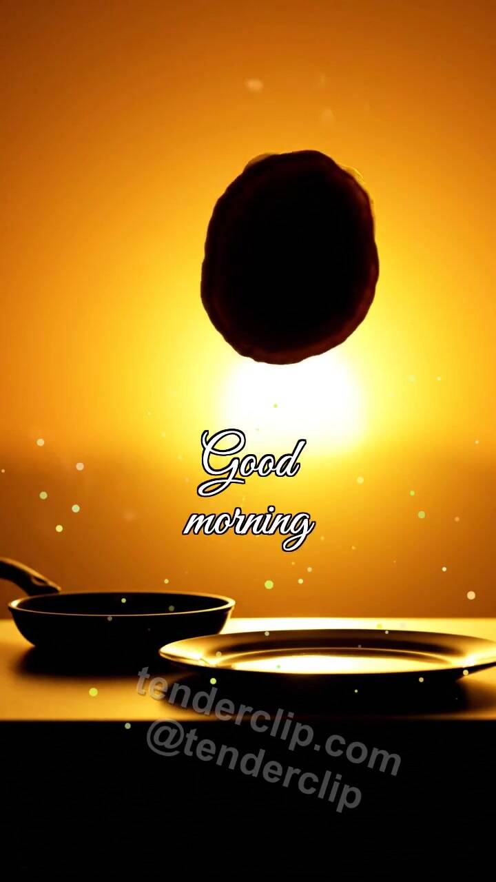 Animated greeting card about Good morning: a pancake jumps onto a plate