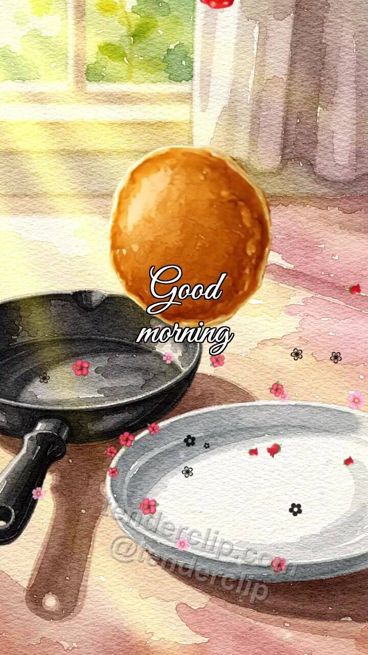 Animated greeting card about Good morning: a pancake jumps onto a plate