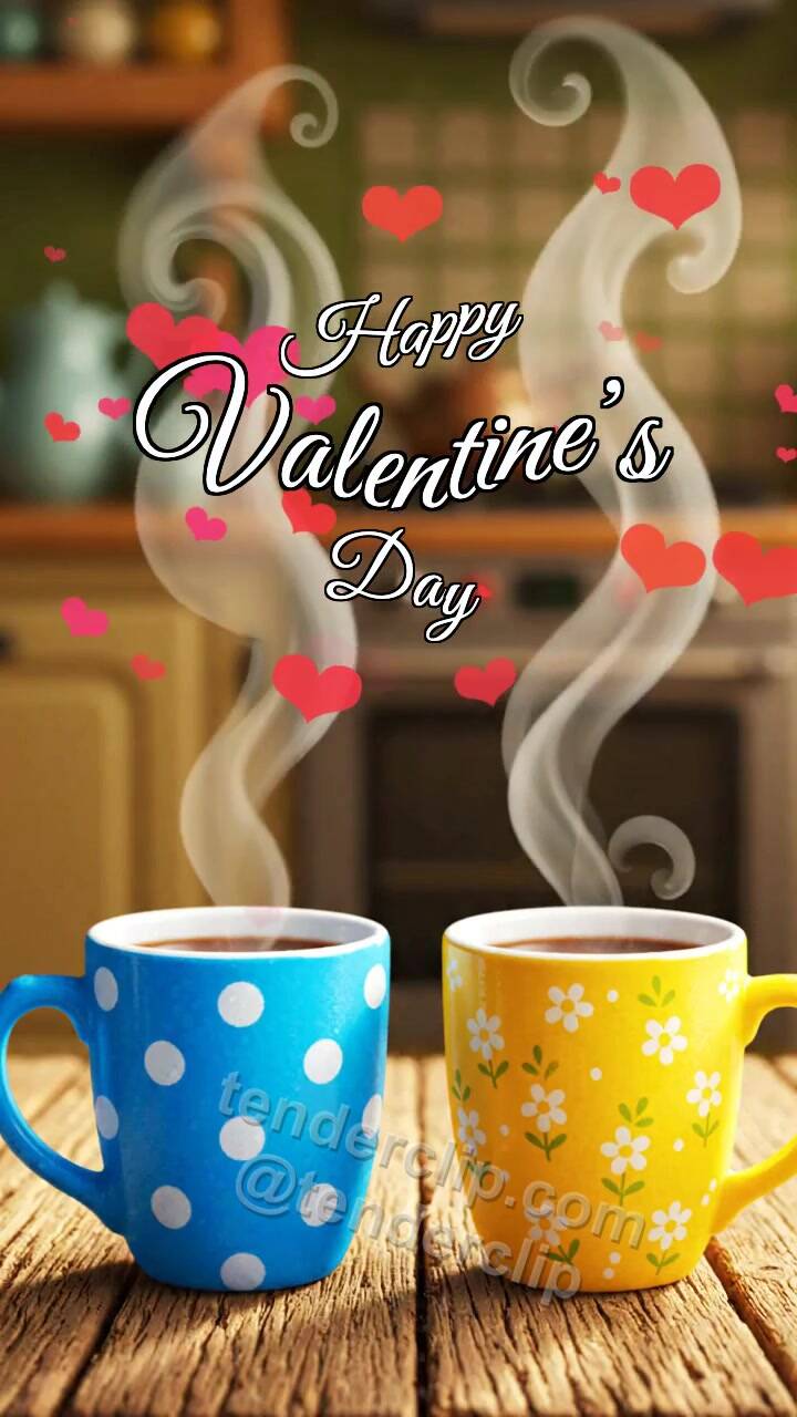 Animated greeting card about Happy Valentine’s Day: two cups make heart steam