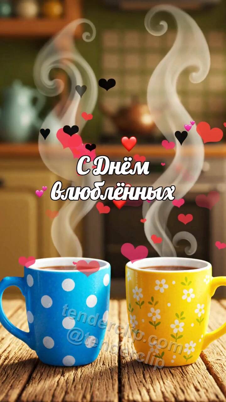 Анимационная открытка на тему С Днём влюблённых: две чашки образуют сердечный пар
