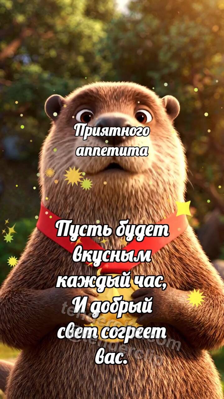 Анимационная открытка на тему Приятного аппетита: Выдра получает медаль