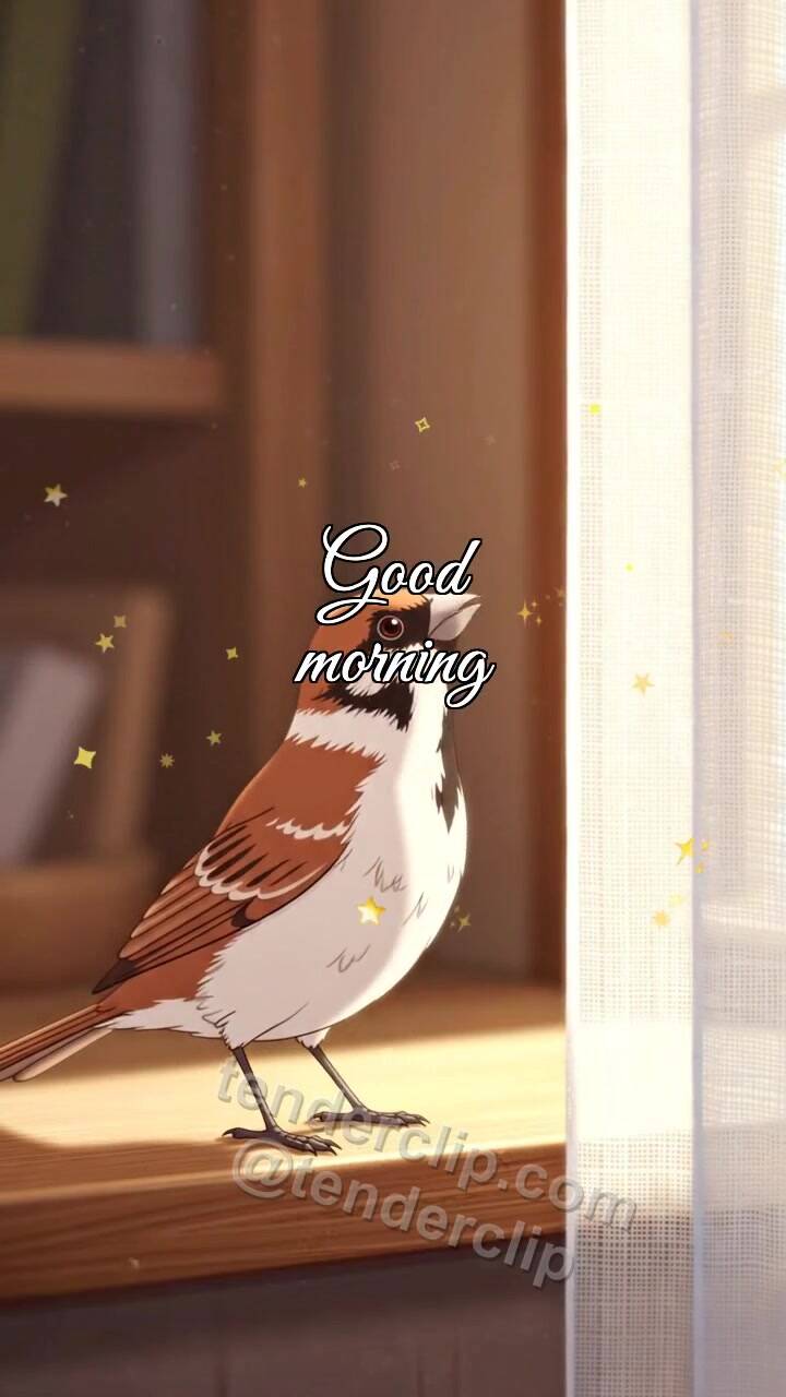 Animated greeting card about Good morning: a sparrow opens the window view