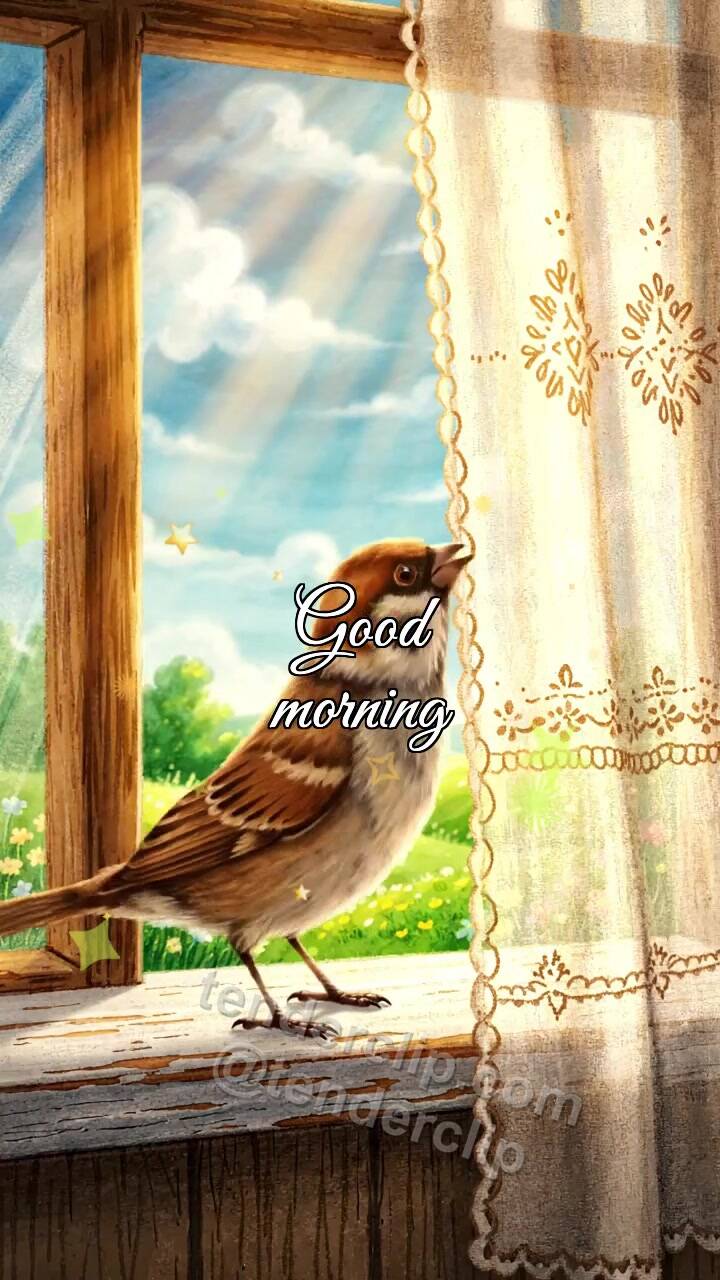 Animated greeting card about Good morning: a sparrow opens the window view