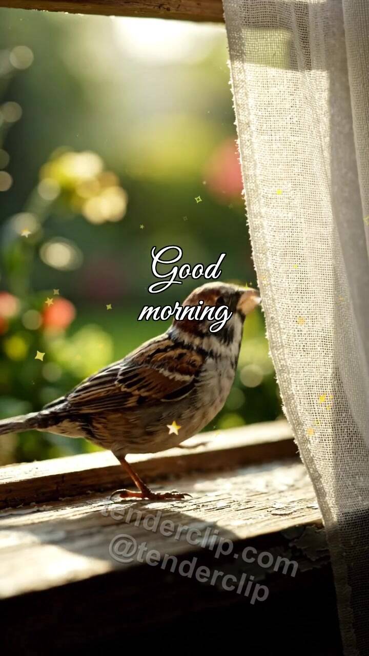 Animated greeting card about Good morning: a sparrow opens the window view
