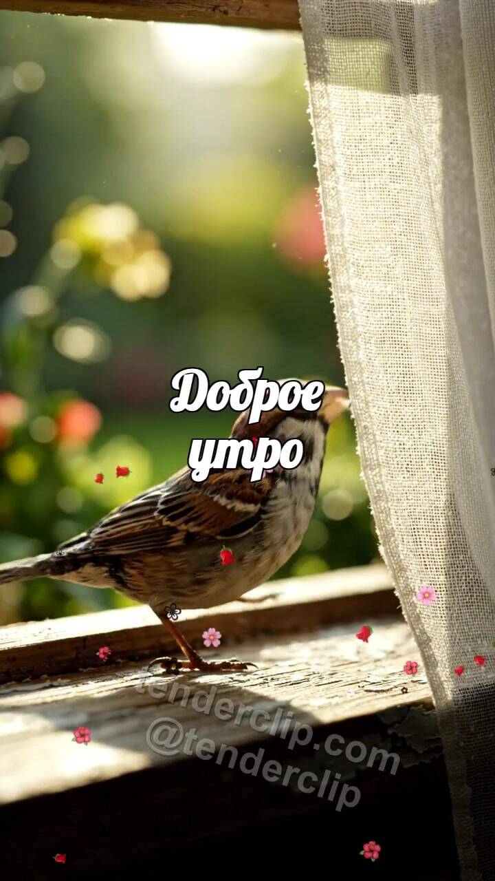Анимационная открытка на тему Доброе утро: воробей открывает вид из окна