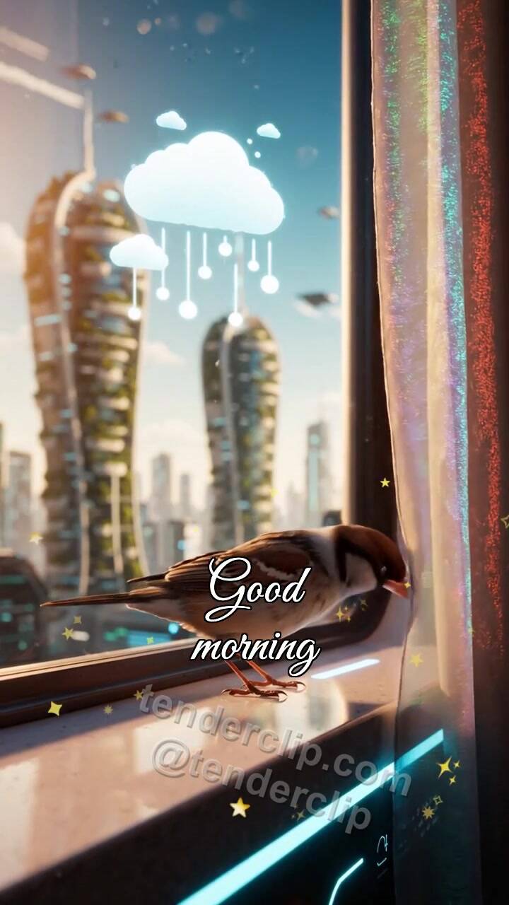 Animated greeting card about Good morning: a sparrow opens the window view