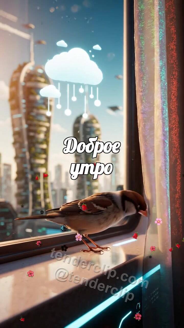 Анимационная открытка на тему Доброе утро: воробей открывает вид из окна