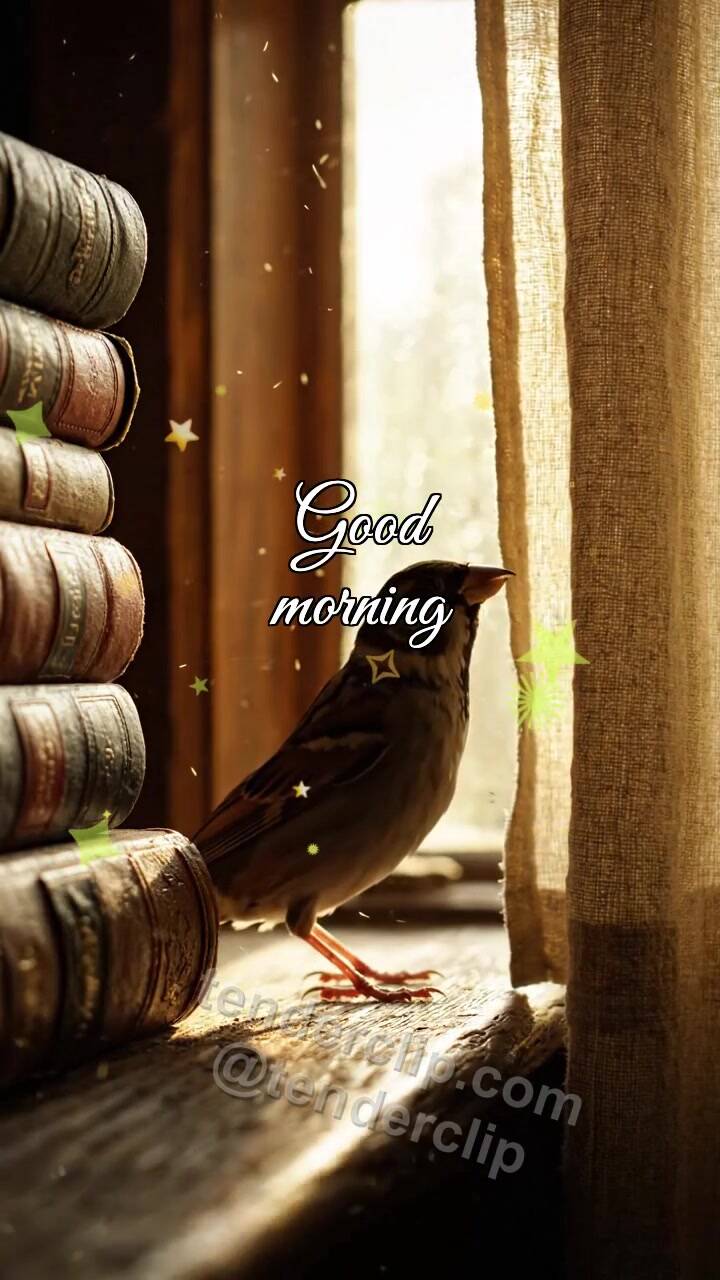 Animated greeting card about Good morning: a sparrow opens the window view
