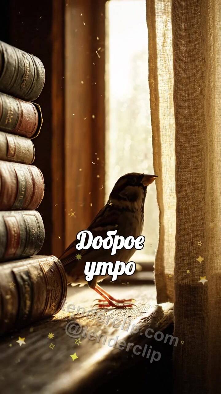 Анимационная открытка на тему Доброе утро: воробей открывает вид из окна