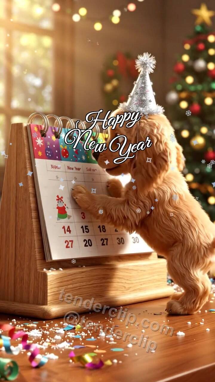 Animated greeting card about Happy New Year: a joyful puppy with floppy ears flips the calendar page