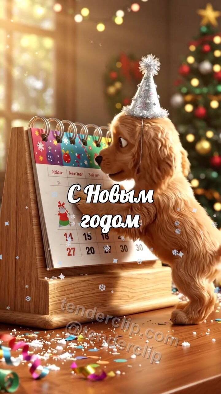 Анимационная открытка на тему С Новым годом: радостный щенок переворачивает календарь