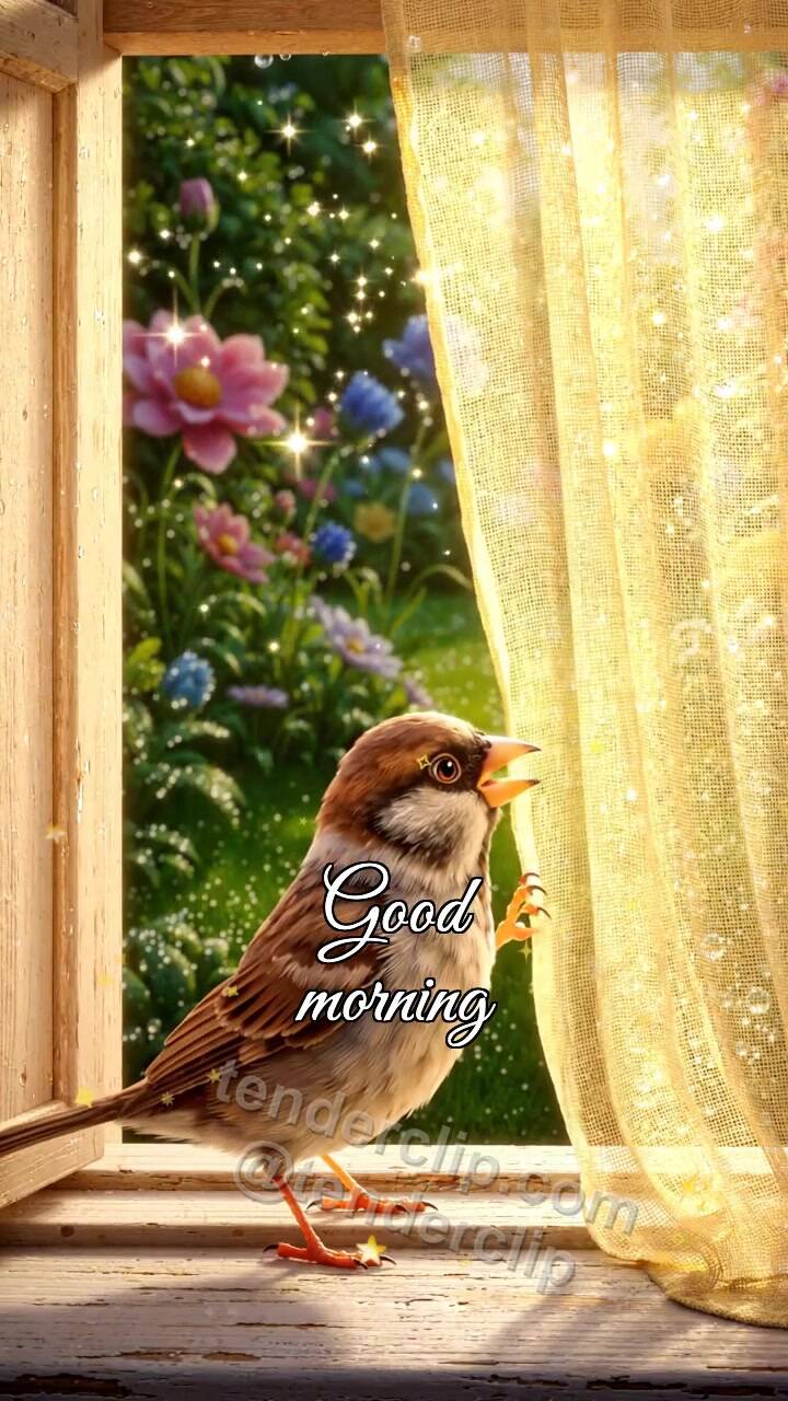 Animated greeting card about Good morning: a sparrow opens the window view