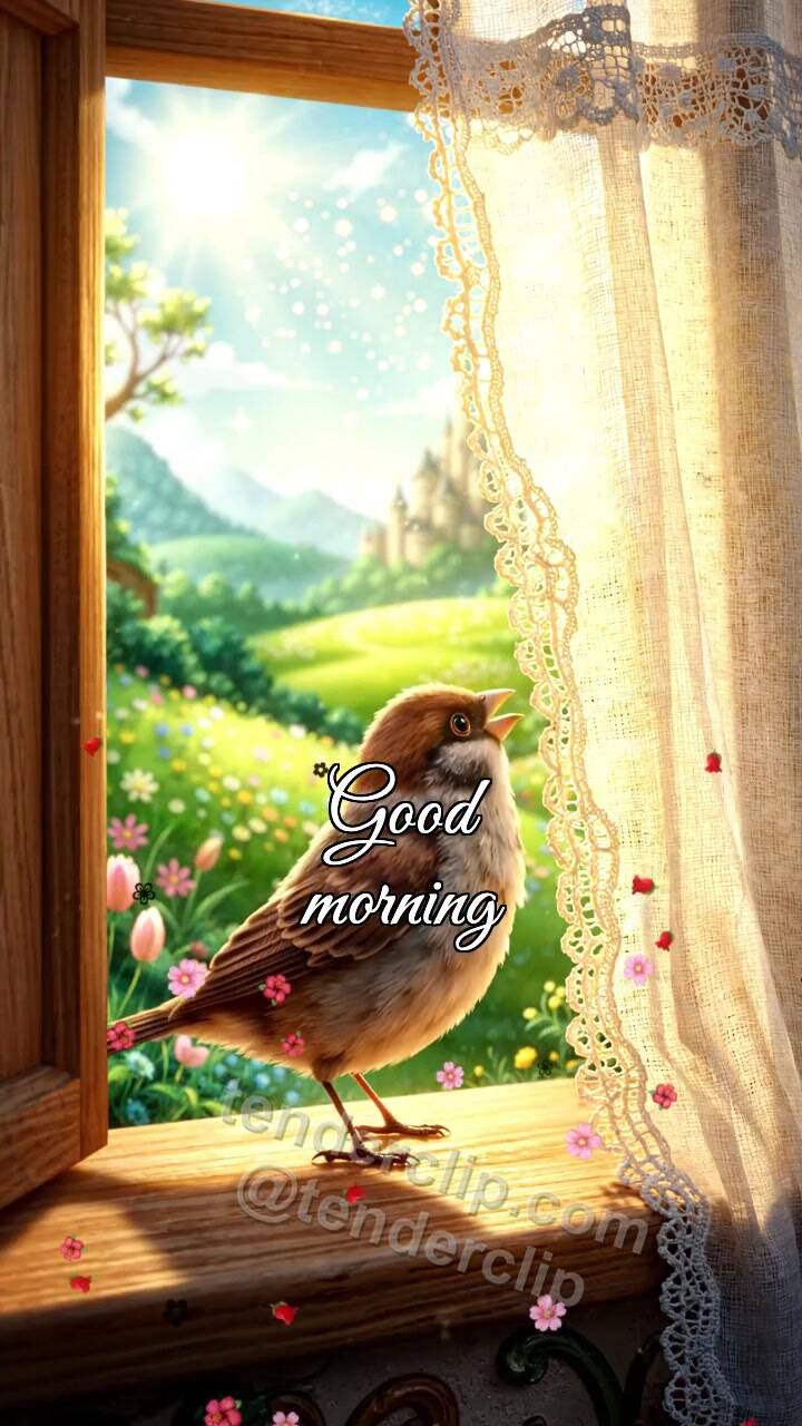 Animated greeting card about Good morning: a sparrow opens the window view