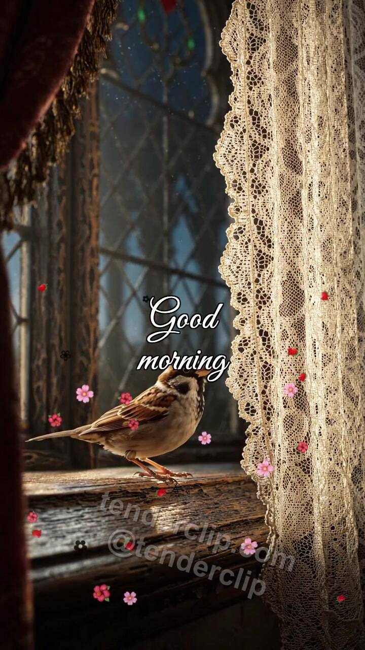 Animated greeting card about Good morning: a sparrow opens the window view