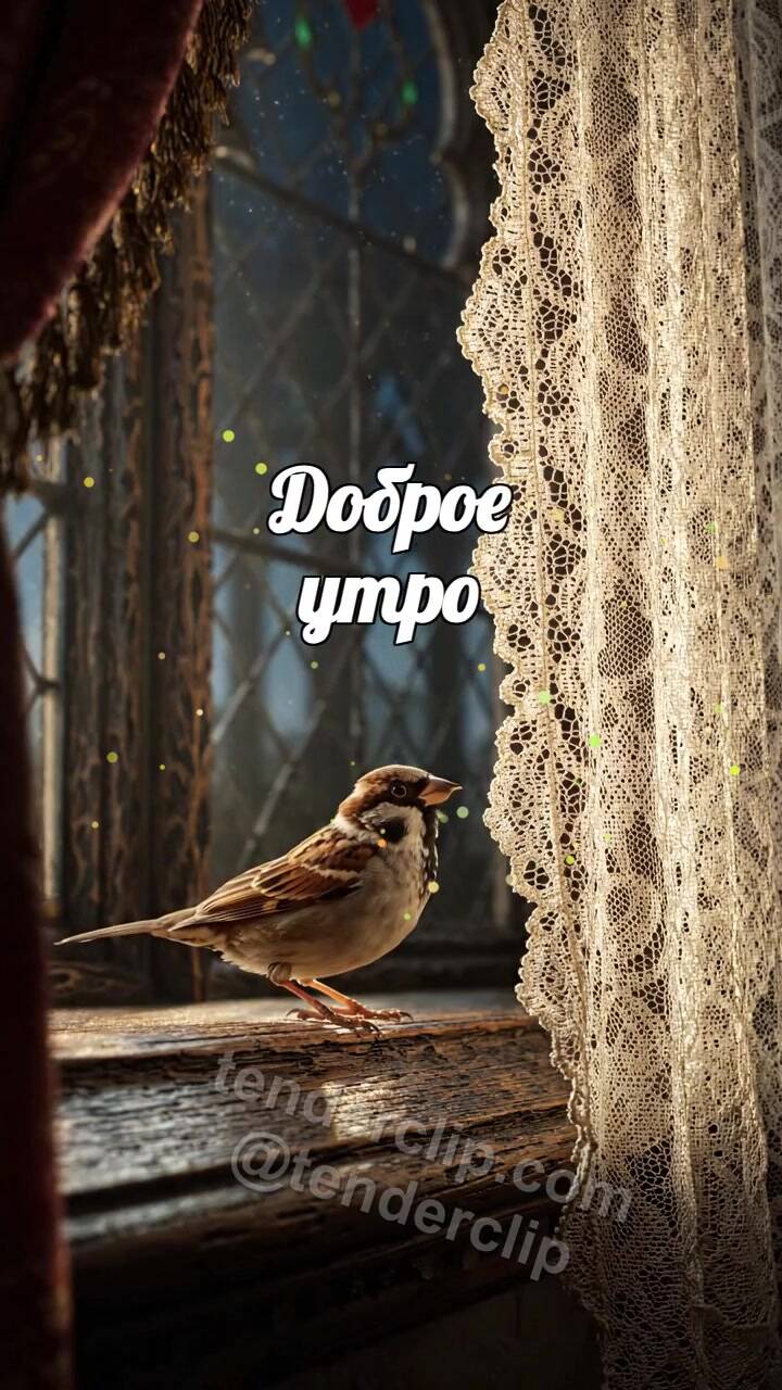 Анимационная открытка на тему Доброе утро: воробей открывает вид из окна