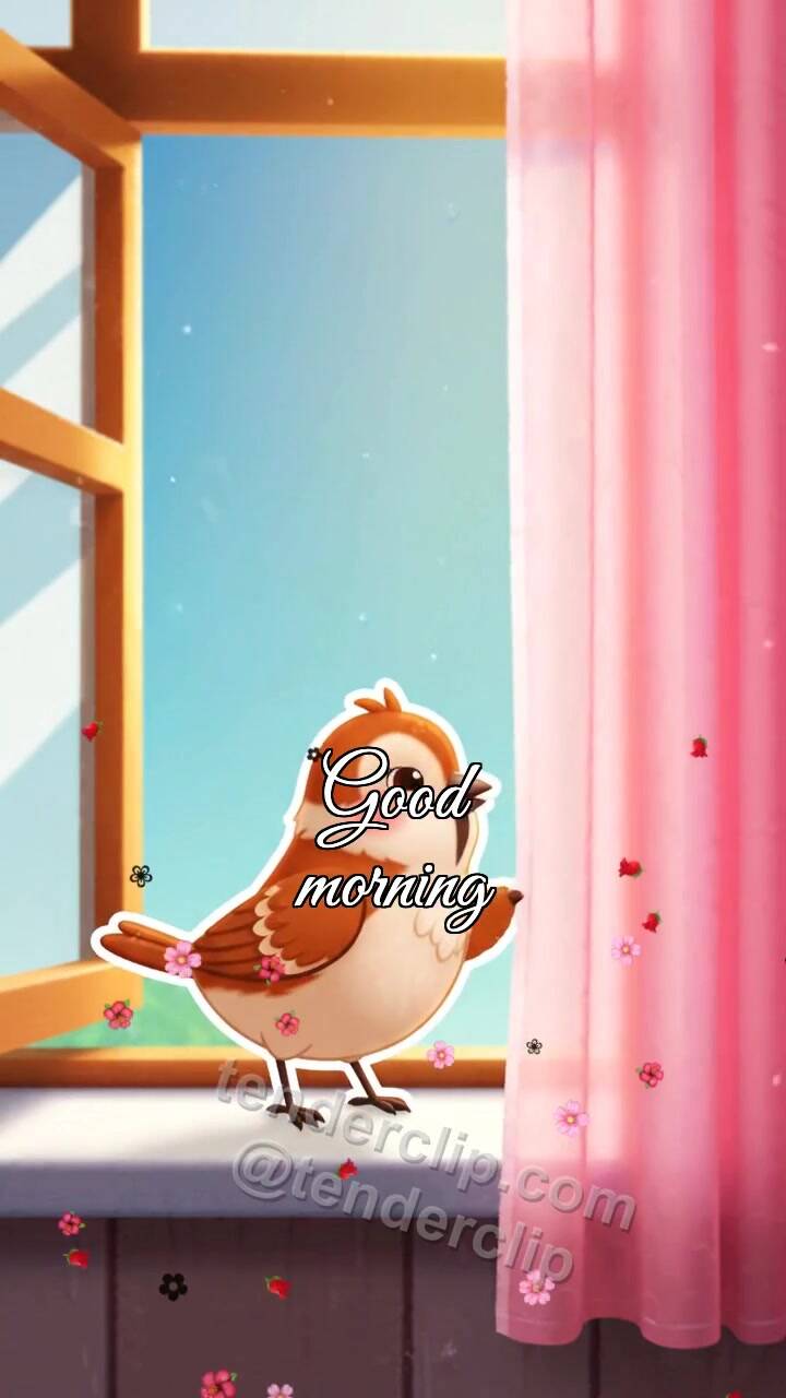 Animated greeting card about Good morning: a sparrow opens the window view