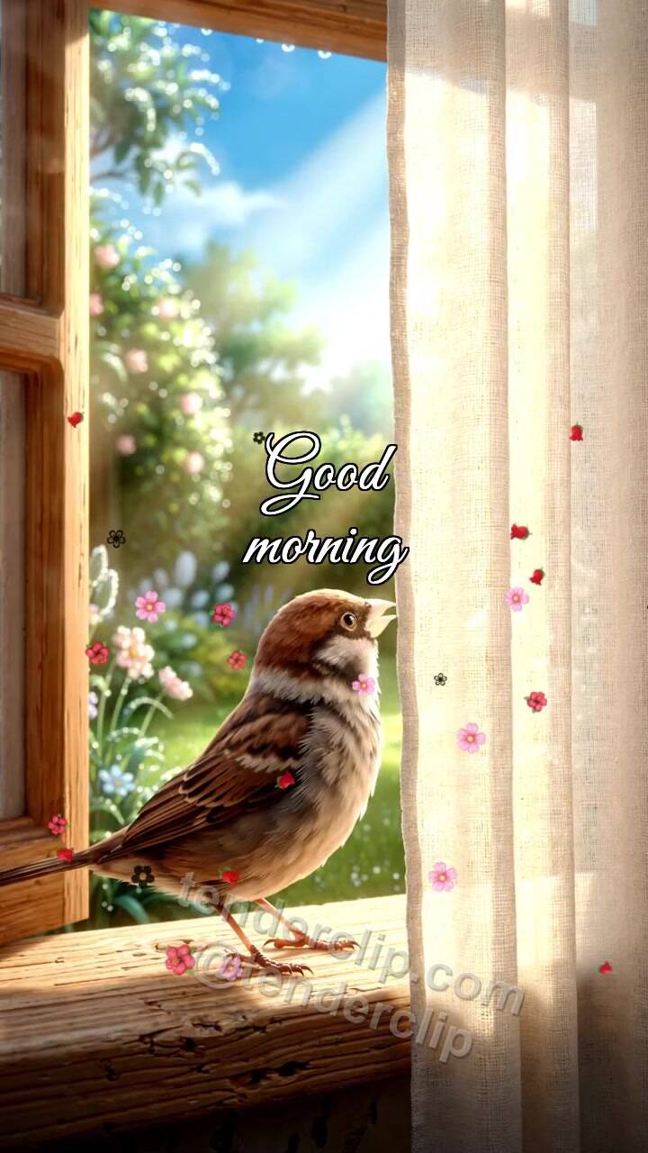 Animated greeting card about Good morning: a sparrow opens the window view