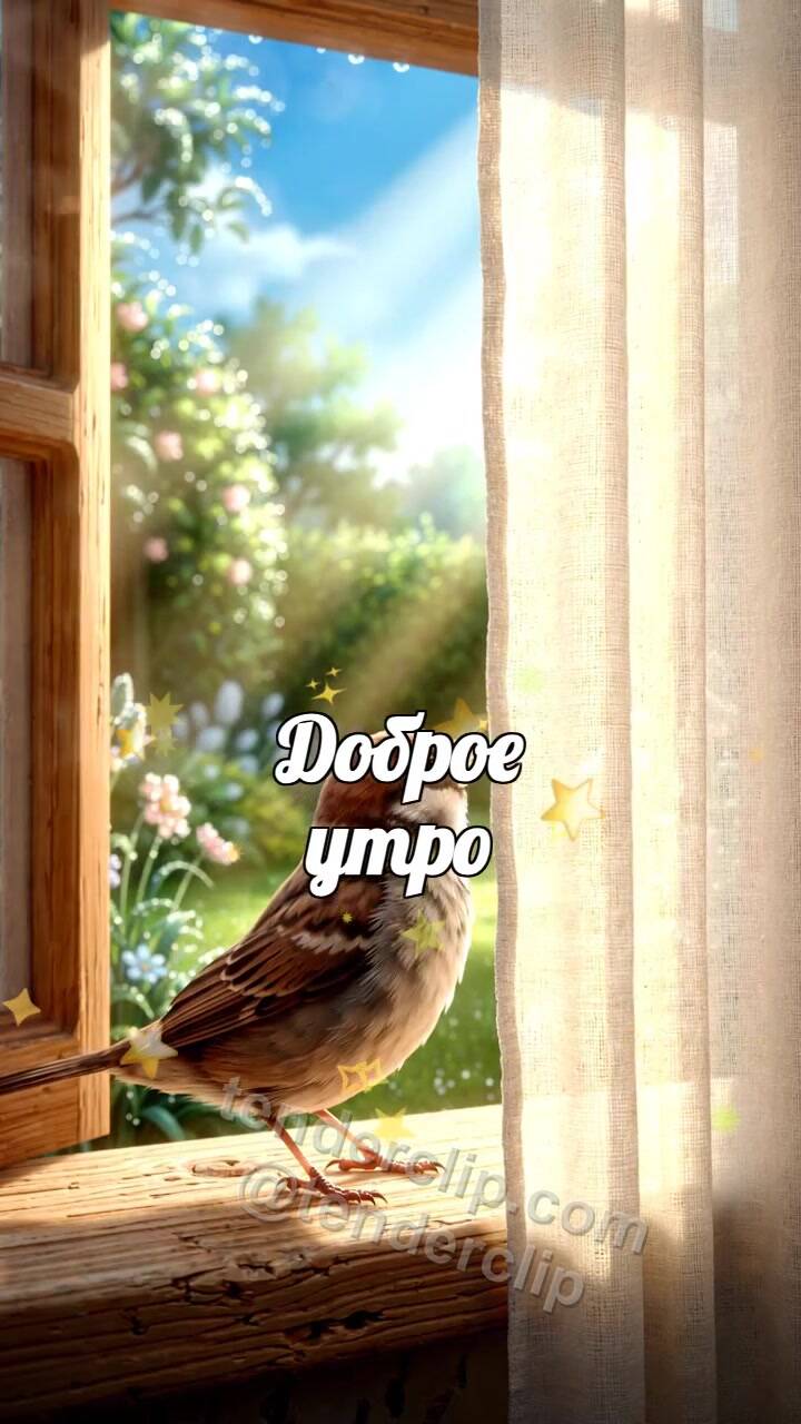 Анимационная открытка на тему Доброе утро: воробей открывает вид из окна