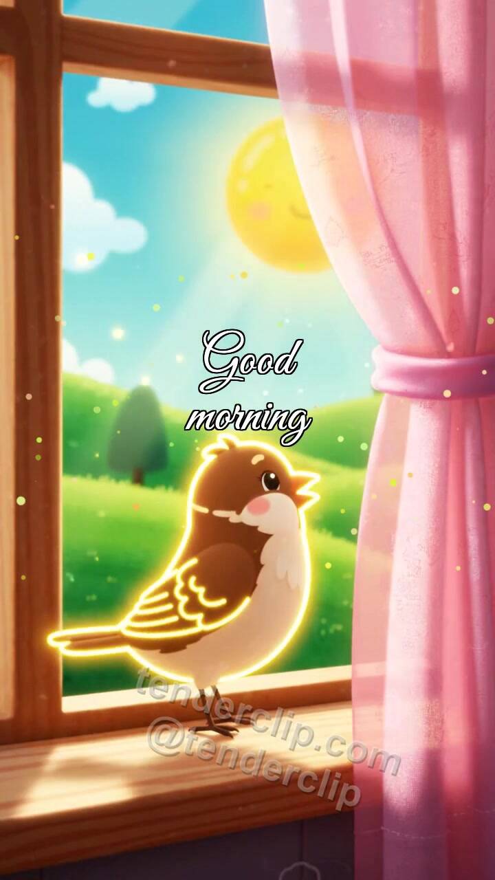 Animated greeting card about Good morning: a sparrow opens the window view