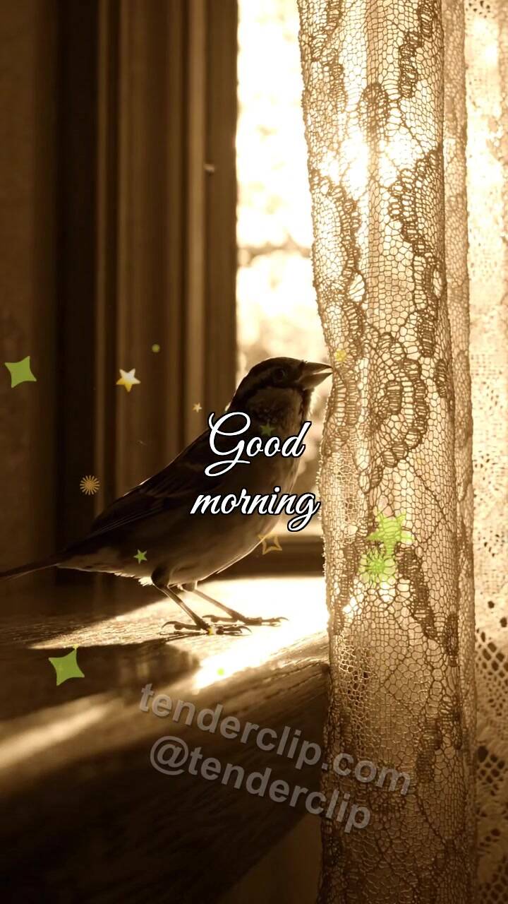 Animated greeting card about Good morning: a sparrow opens the window view