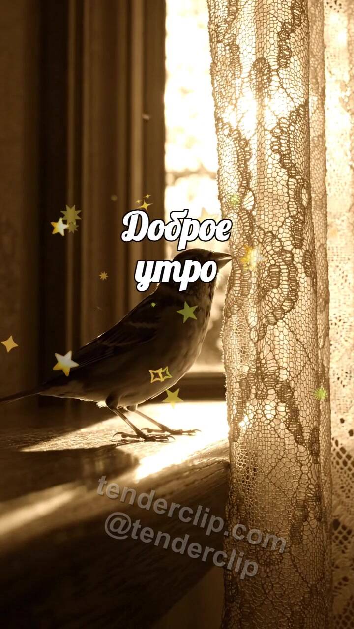 Анимационная открытка на тему Доброе утро: воробей открывает вид из окна