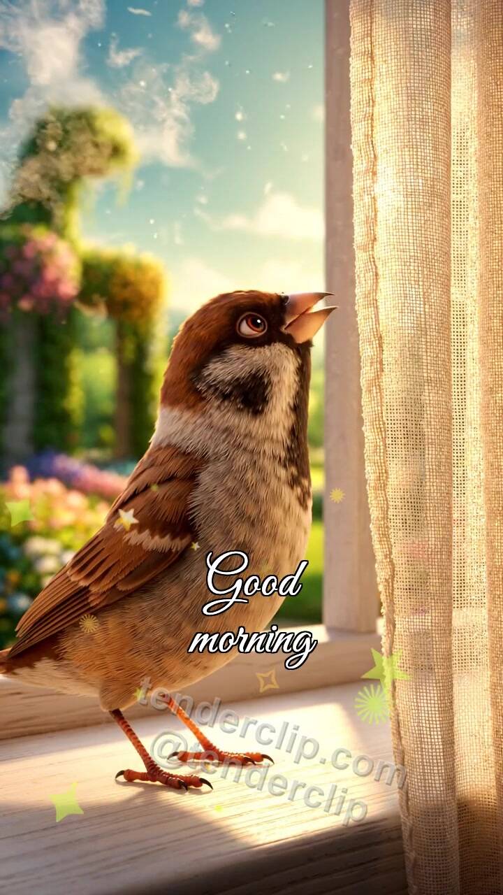 Animated greeting card about Good morning: a sparrow opens the window view