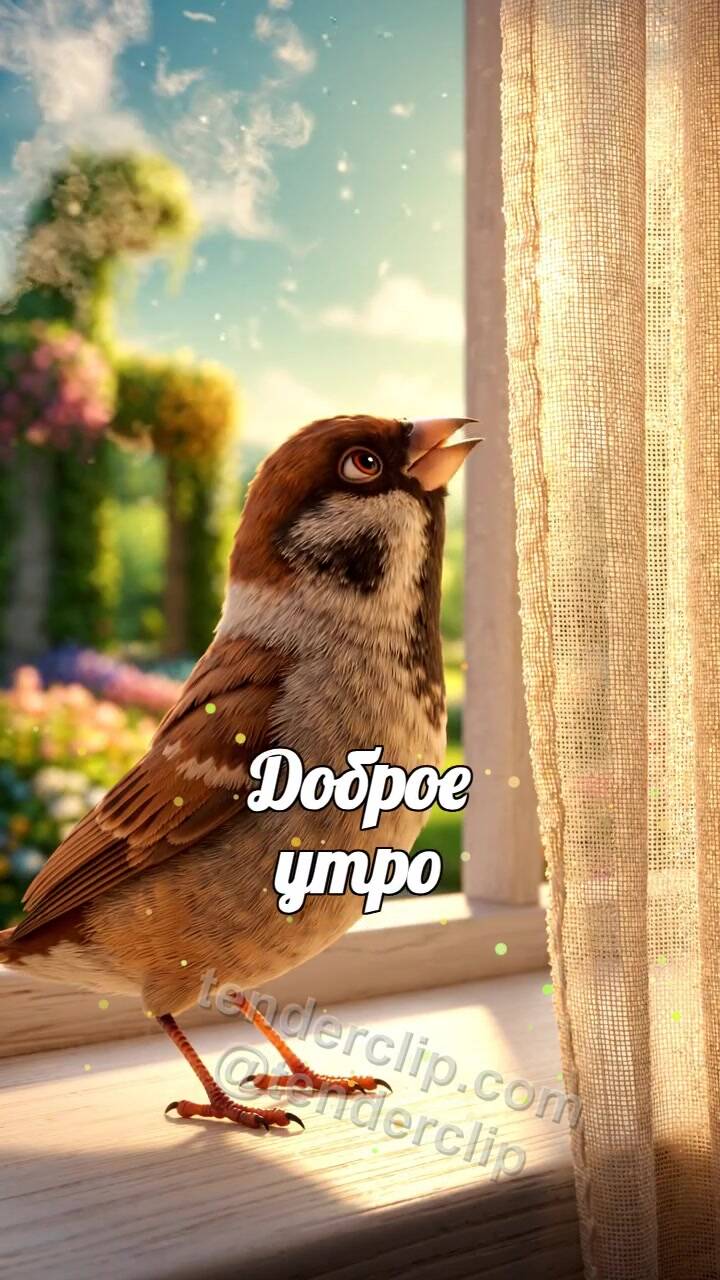 Анимационная открытка на тему Доброе утро: воробей открывает вид из окна