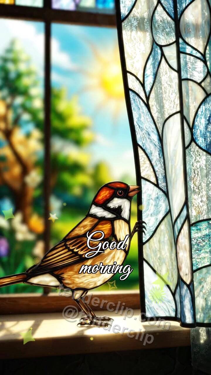 Animated greeting card about Good morning: a sparrow opens the window view