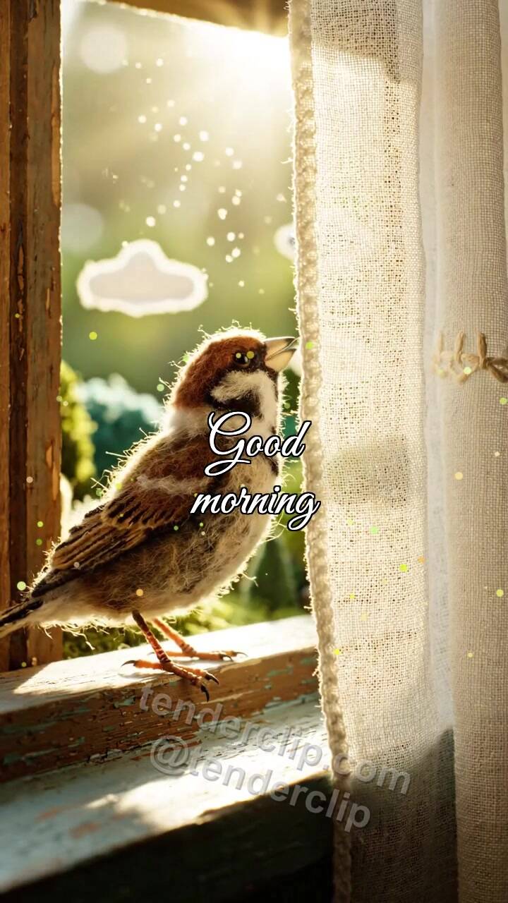 Animated greeting card about Good morning: a sparrow opens the window view