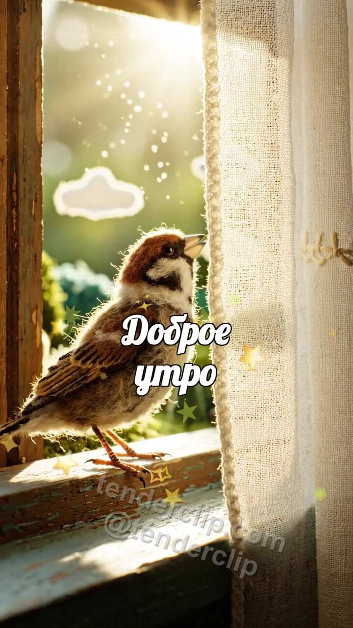 Анимационная открытка на тему Доброе утро: воробей открывает вид из окна